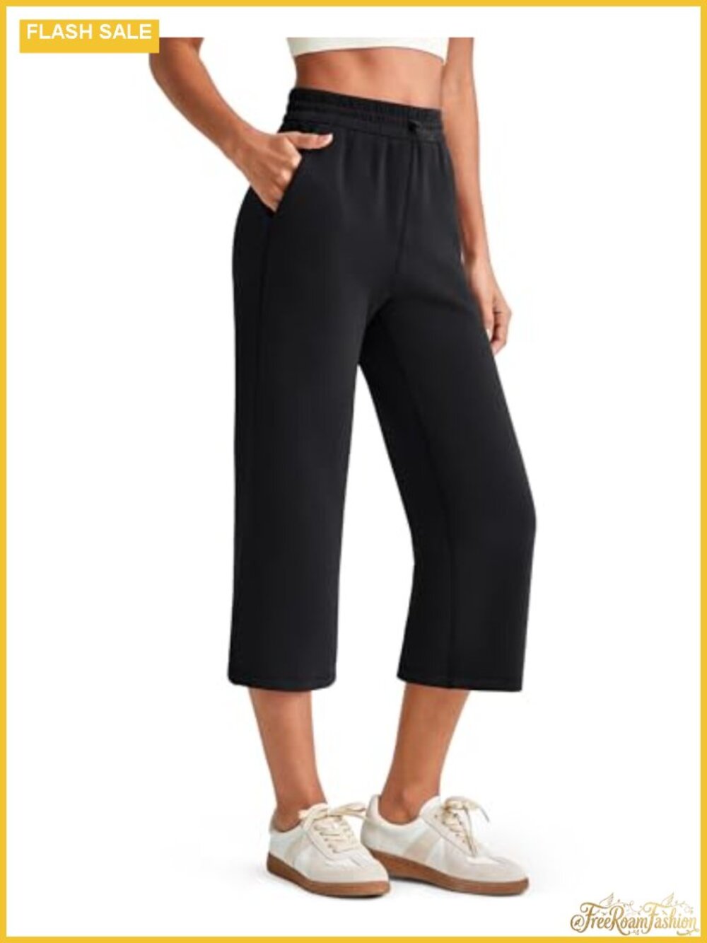 Wide Leg Capri Pants High Waist Shockcord Drawstring Pockets Yoga Travel